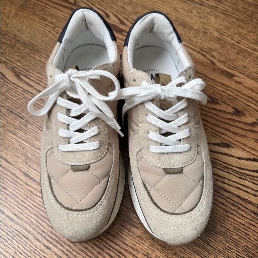 Beige Nylon Quilted Sneakers with White Laces